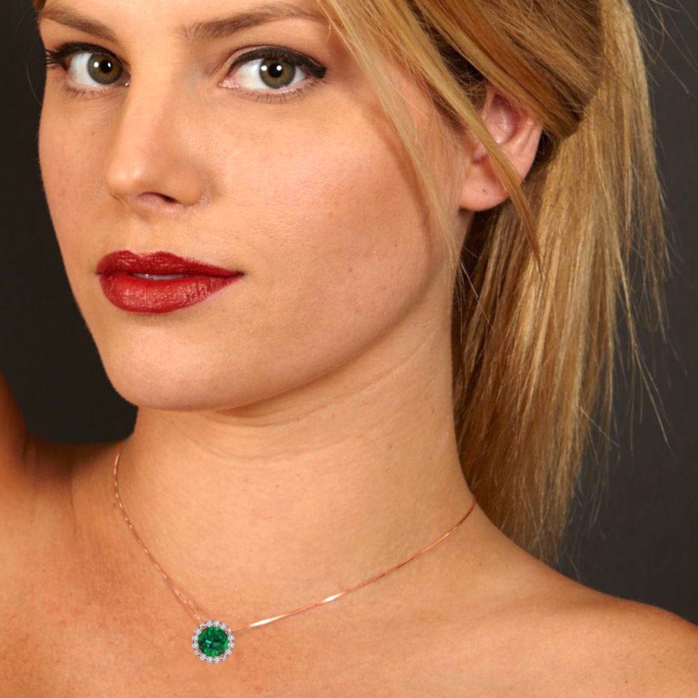 1.16 tcw Necklace Pendant - 14K White Gold Round Cut Halo Emerald - Adjustable Length - 15in Box Chain to 18in