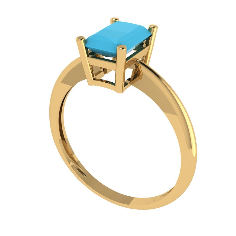 1.0 ct Brilliant Radiant Cut Simulated Turquoise Stone Yellow Gold  Solitaire Ring