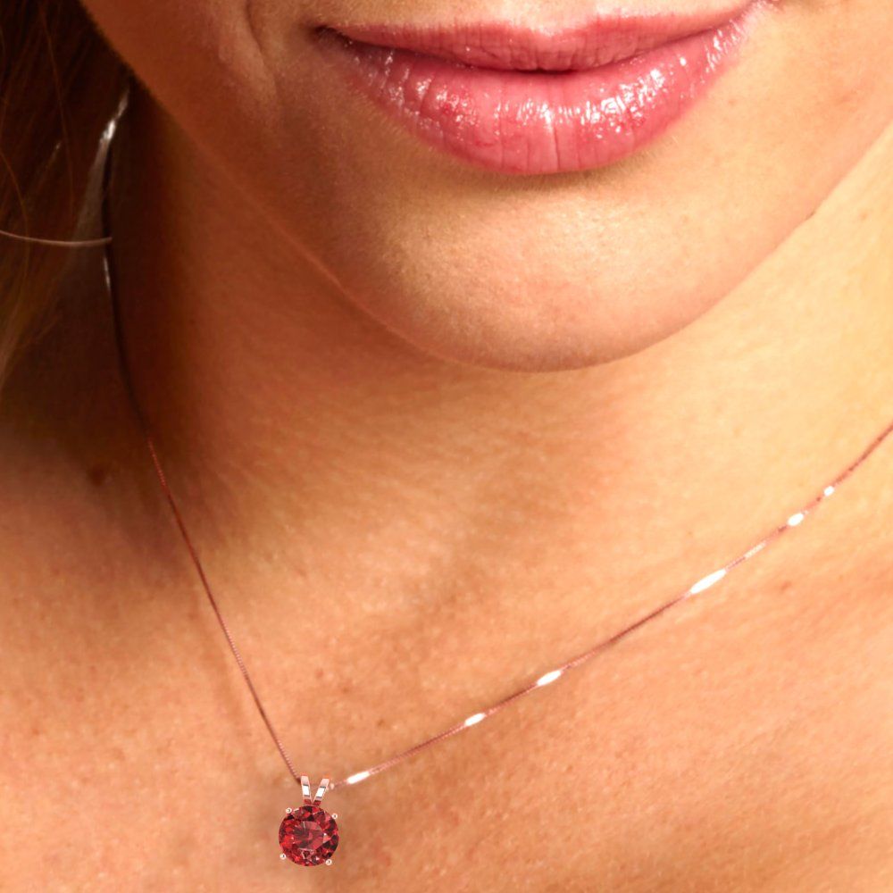 1 tcw Necklace Pendant - 14K White Gold Round Cut Solitaire Garnet - Adjustable Length - 15in Box Chain to 18in