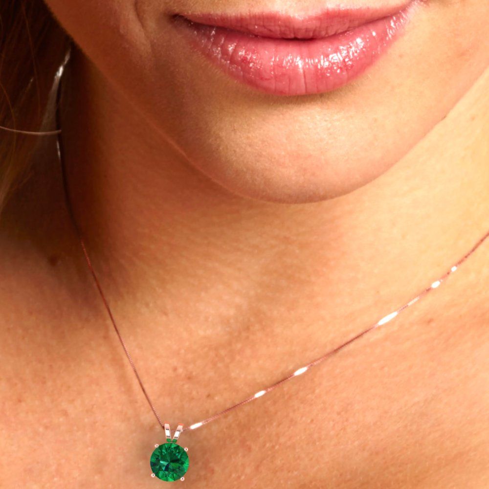 2.5 tcw Necklace Pendant - 14K White Gold Round Cut Solitaire Emerald - Adjustable Length - 15in Box Chain to 18in