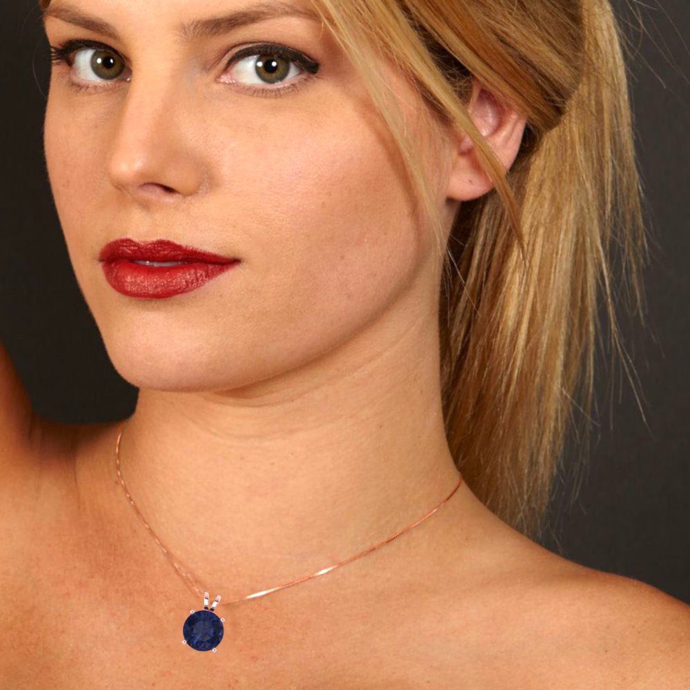 3 tcw Necklace Pendant - 14K White Gold Round Cut Solitaire Bluesapphire - Adjustable Length - 15in Box Chain to 18in