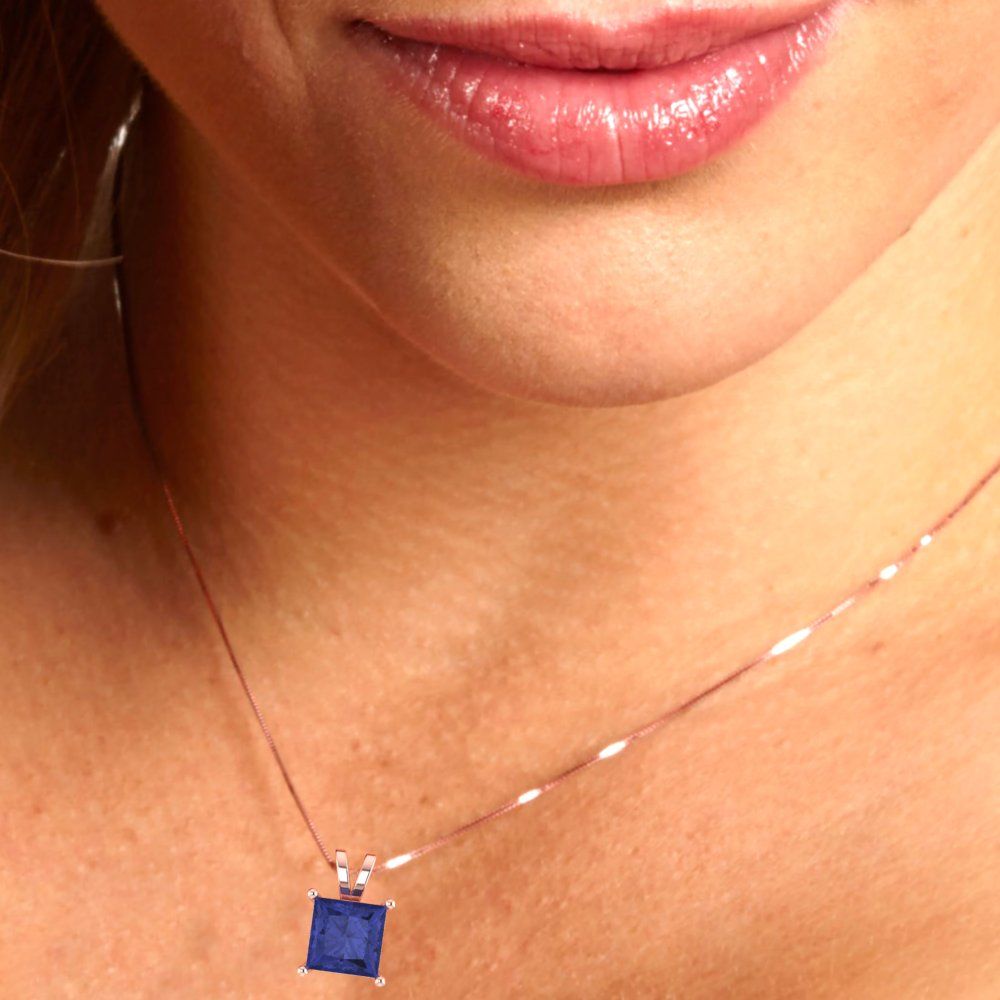 2 tcw Necklace Pendant - 14K Yellow Gold Princess Cut Solitaire Tanzanite - Adjustable Length - 15in Box Chain to 18in