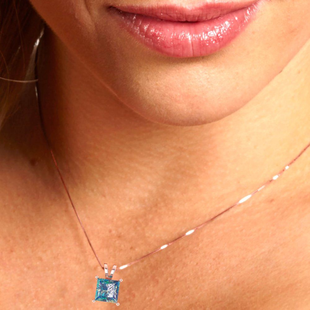 2 tcw Necklace Pendant - 14K Yellow Gold Princess Cut Solitaire Blue Moissanite - Adjustable Length - 15in Box Chain to 18in