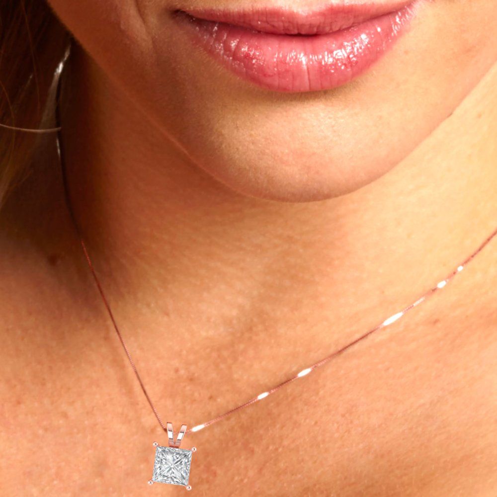 2 tcw Necklace Pendant - 14K Yellow Gold Princess Cut Solitaire Moissanite - Adjustable Length - 15in Box Chain to 18in