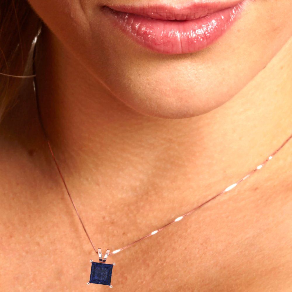 2.5 tcw Necklace Pendant - 14K White Gold Princess Cut Solitaire Bluesapphire - Adjustable Length - 15in Box Chain to 18in