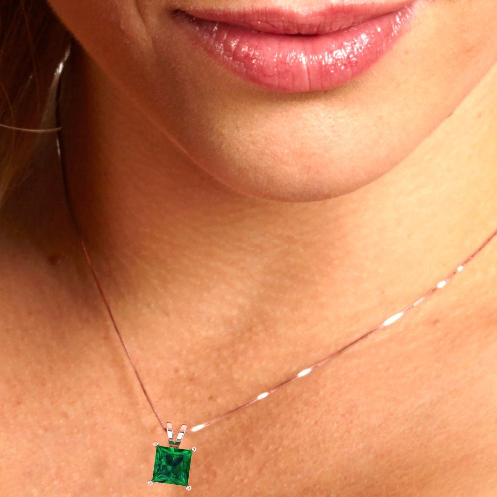 2.5 tcw Necklace Pendant - 14K White Gold Princess Cut Solitaire Emerald - Adjustable Length - 15in Box Chain to 18in