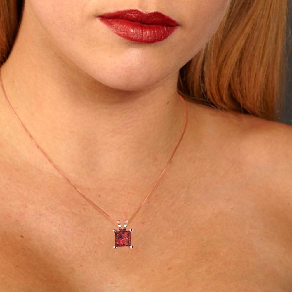 3 tcw Necklace Pendant - 14K White Gold Princess Cut Solitaire Garnet - Adjustable Length - 15in Box Chain to 18in