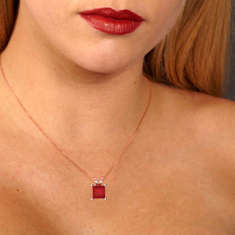 3 tcw Necklace Pendant - 14K White Gold Princess Cut Solitaire Ruby - Adjustable Length - 15in Box Chain to 18in