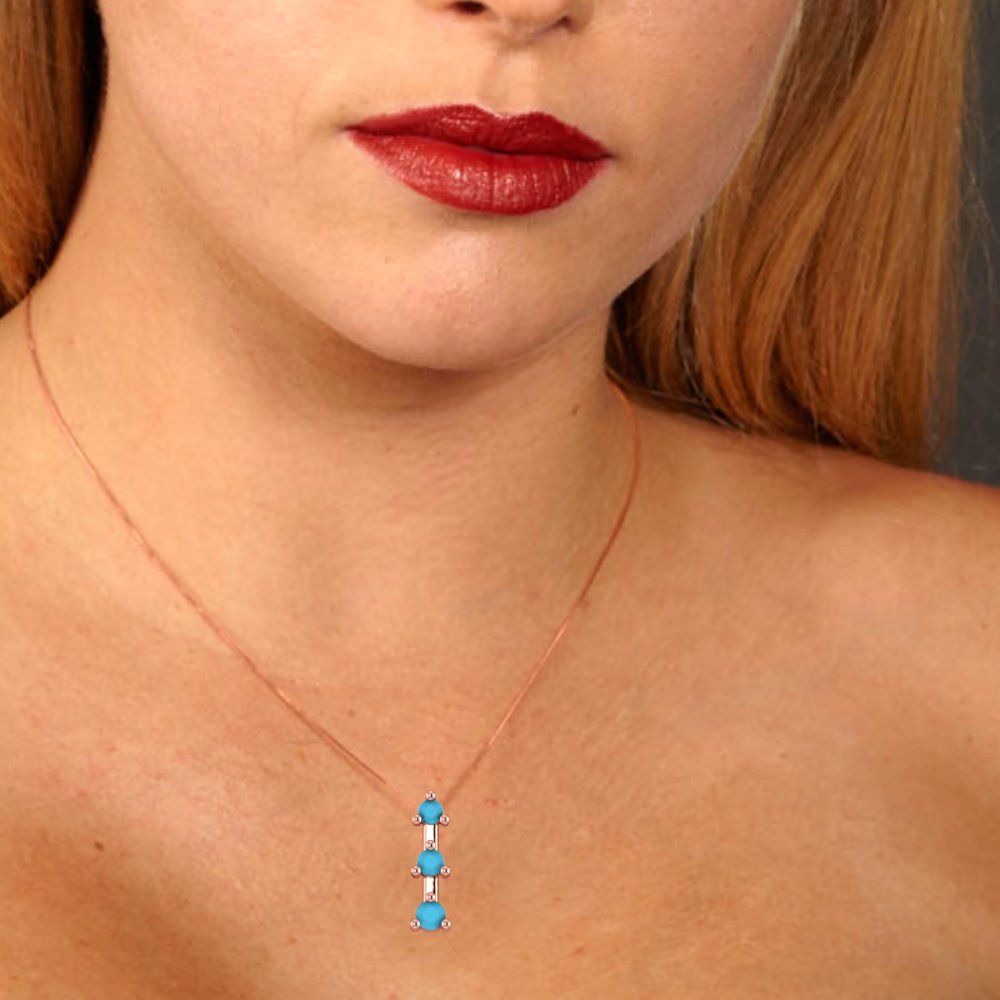 0.21 tcw Necklace Pendant - 14K White Gold Round Cut Charm Turquoise - Adjustable Length - 15in Box Chain to 18in