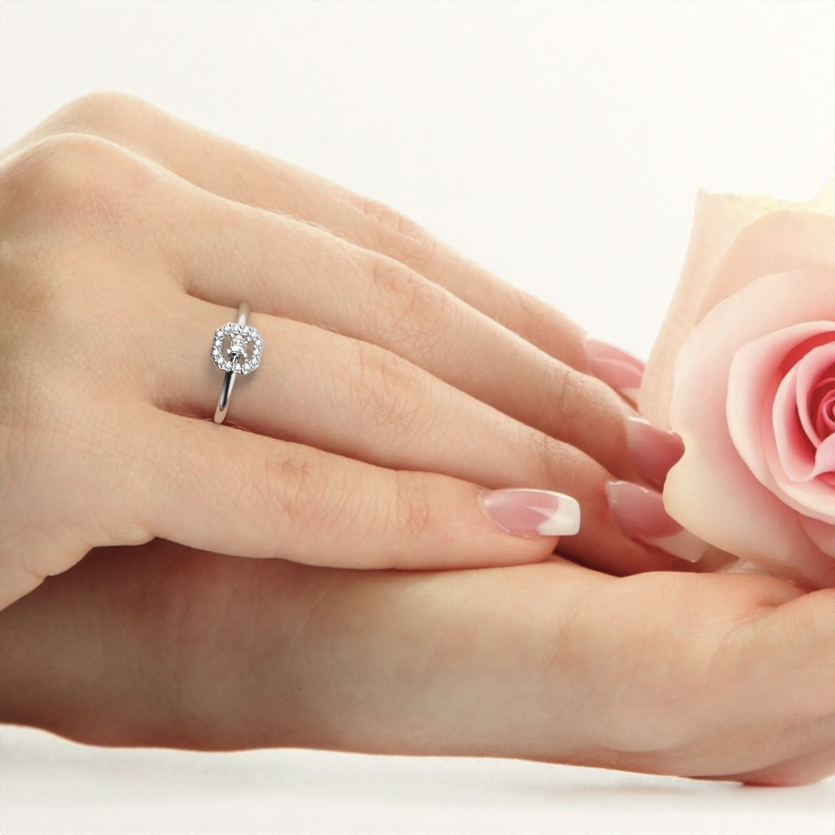 0.13 ct Princess Cut Moissanite dainty Minimalist Octagon halo solitaire with accents light simple 14K / 18K Solid White Gold everyday ring