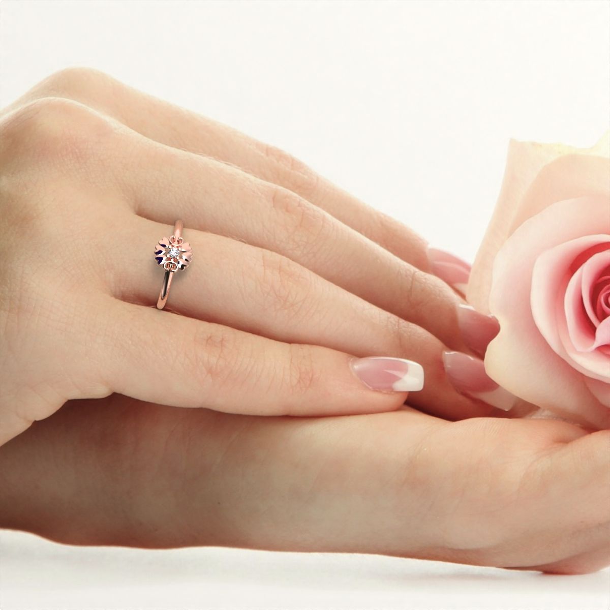 0.03 ct Round Cut Moissanite dainty Minimalist heart halo love Floral light 14K / 18K Solid Rose Gold everyday ring