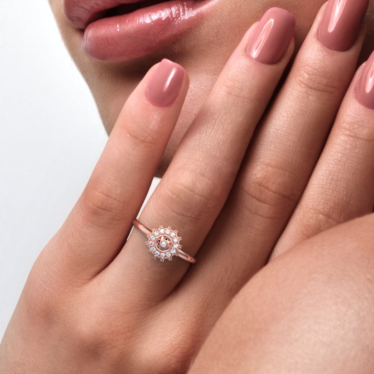 0.1025 ct Round Cut Simulated Clear Diamond Minimalist star floral halo solitaire with accent 14K / 18K Solid Rose Gold everyday ring