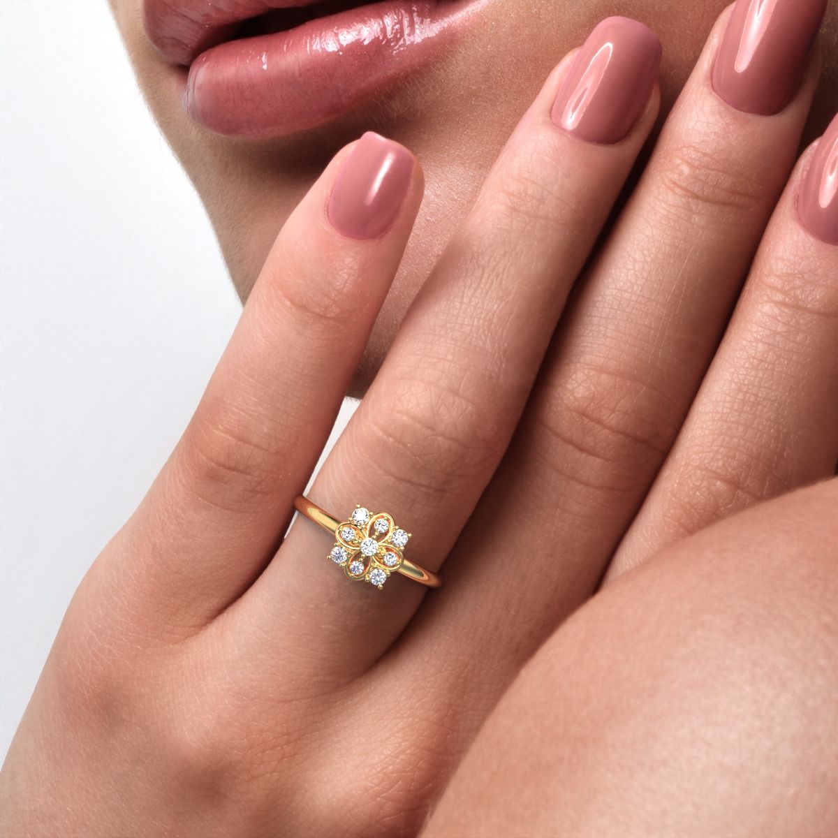 0.115 ct Round Cut Simulated Clear Diamond dainty Minimalist star halo floral square infinity 14K / 18K Solid Yellow Gold everyday ring