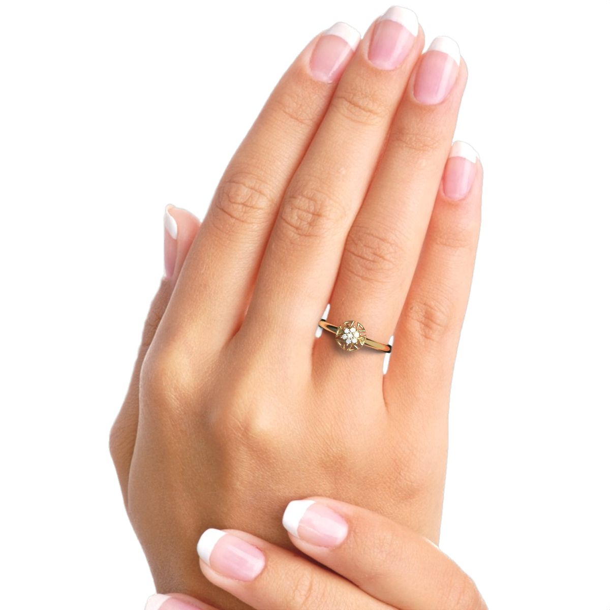 0.0525 ct Round Cut Moissanite dainty Minimalist star floral halo pyramid cluster halo 14K / 18K Solid Yellow Gold everyday ring