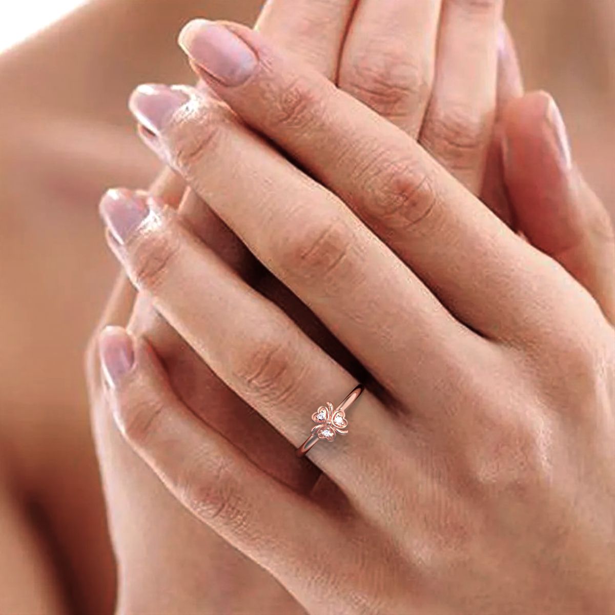 0.0225 ct Round Cut Simulated Clear Diamond dainty Minimalist floral heart halo heart 14K / 18K Solid Rose Gold everyday ring