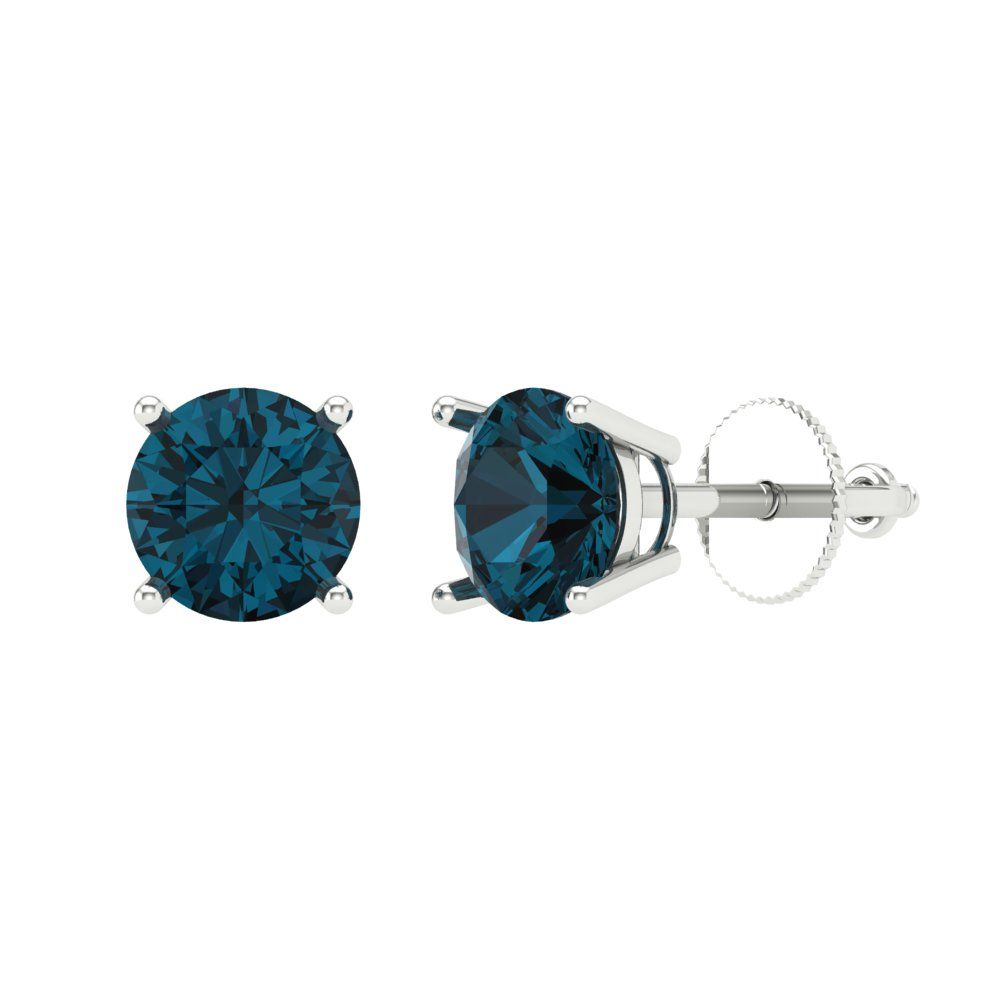 2 ctw London Blue Topaz Studs Earrings | 6.5mm Round Cut White Gold Screw back | December Birthstone