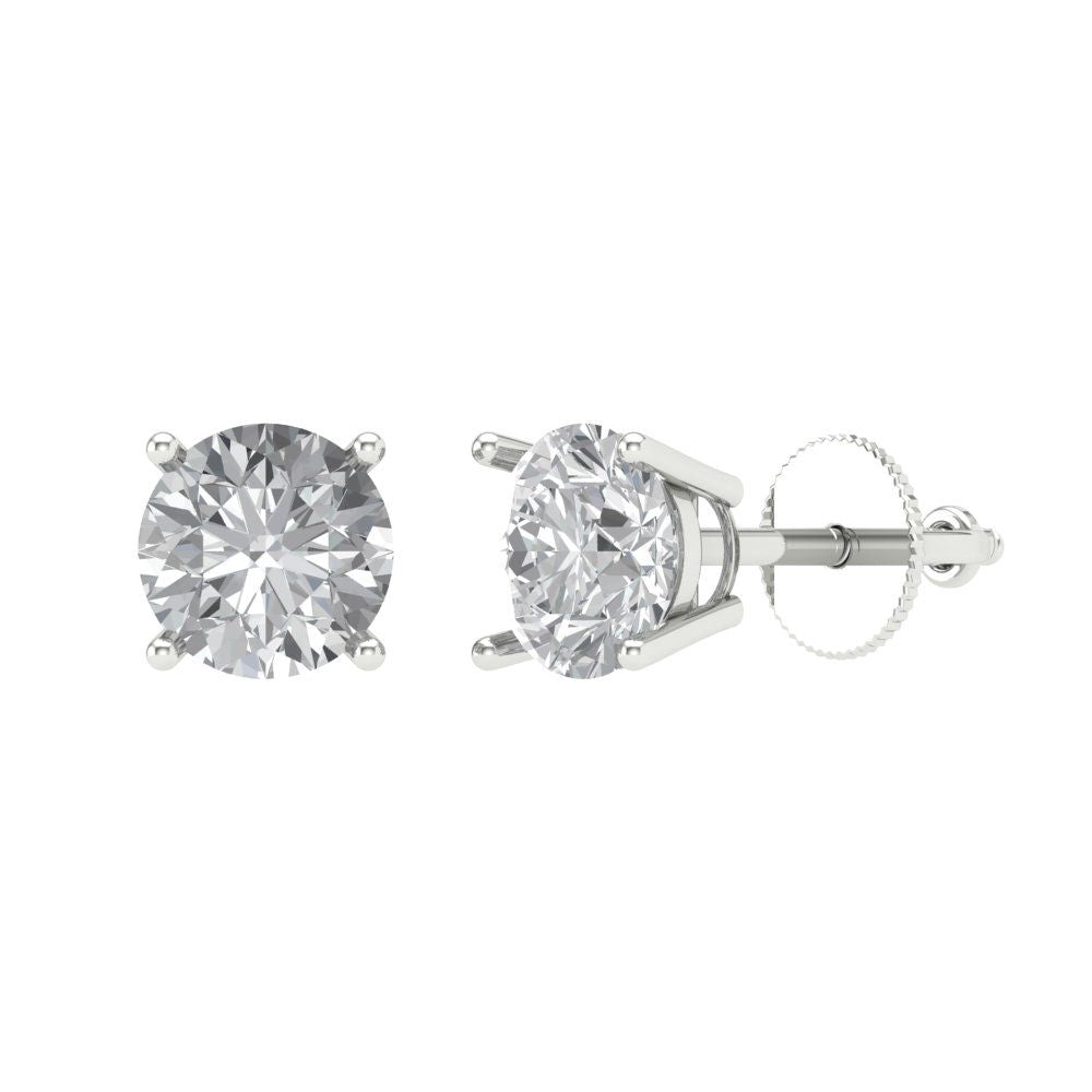 2 ctw Zirconia Diamond Studs Earrings | 6.5mm Round Cut White Gold Screw back | April Birthstone