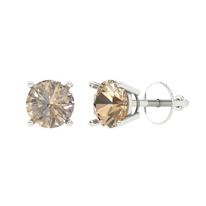 2 ctw Yellow Moissanite Studs Earrings | 6.5mm Round Cut White Gold Screw back | April Birthstone