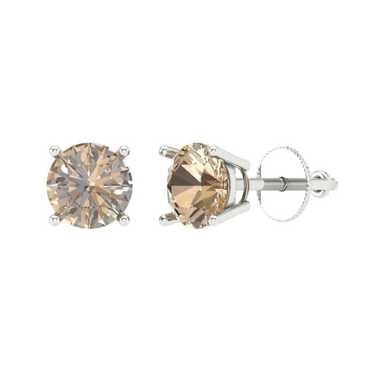 2 ctw Yellow Moissanite Studs Earrings | 6.5mm Round Cut White Gold Screw back | April Birthstone