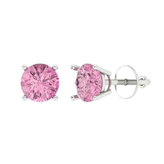 2 ctw Pink Zirconia Studs Earrings | 6.5mm Round Cut White Gold Screw back | April Birthstone