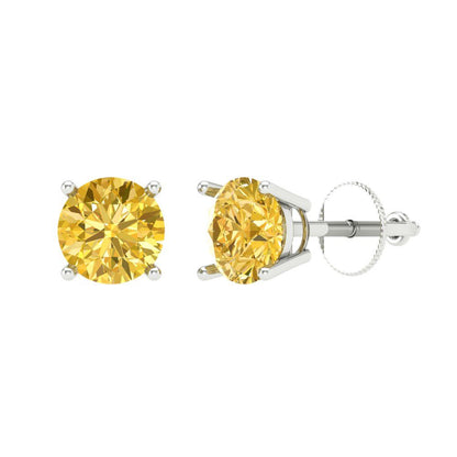 2 ctw Citrine Studs Earrings | 6.5mm Round Cut White Gold Screw back | November Birthstone