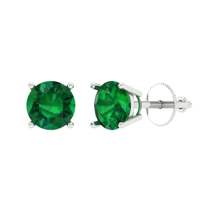 2 ctw Emerald Studs Earrings | 6.5mm Round Cut White Gold Screw back | May Birthstone