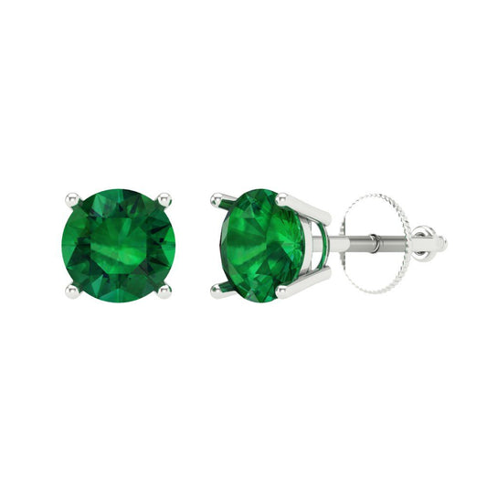 2 ctw Emerald Studs Earrings | 6.5mm Round Cut White Gold Screw back | May Birthstone