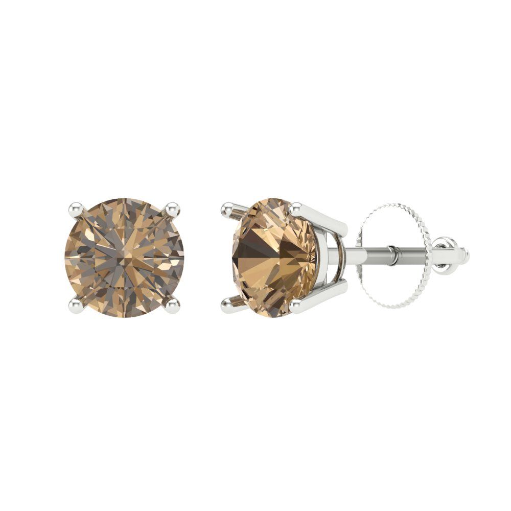 2 ctw Champagne Studs Earrings | 6.5mm Round Cut White Gold Screw back | April Birthstone