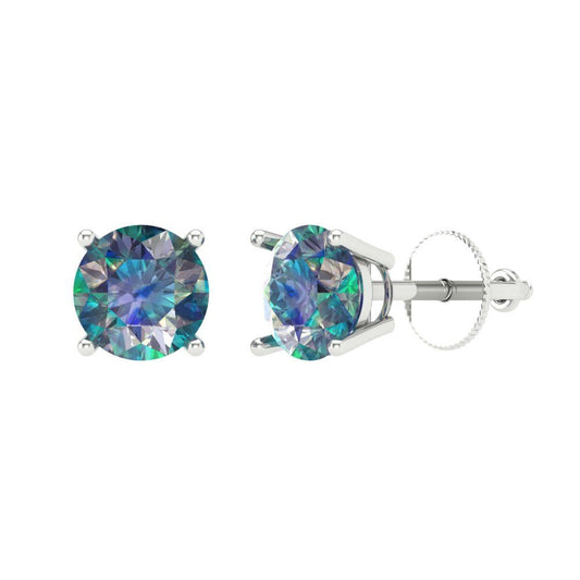 2 ctw Blue Moissanite Studs Earrings | 6.5mm Round Cut White Gold Screw back | April Birthstone