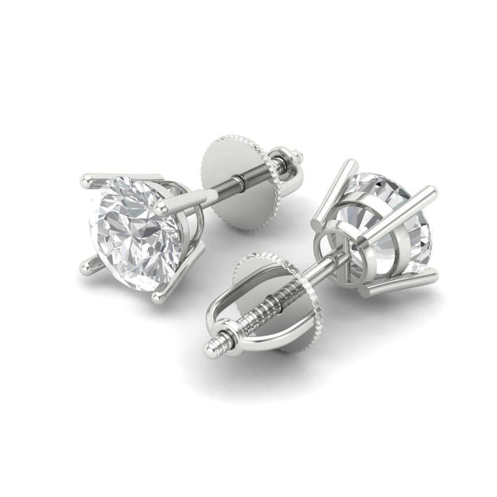 2 ctw Zirconia Diamond Studs Earrings | 6.5mm Round Cut White Gold Screw back | April Birthstone