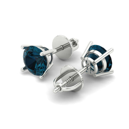 2 ctw London Blue Topaz Studs Earrings | 6.5mm Round Cut White Gold Screw back | December Birthstone
