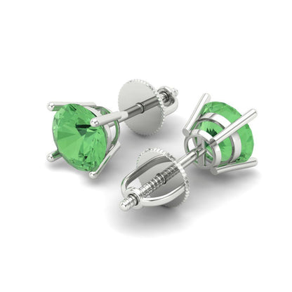 2 ctw Green Zirconia Studs Earrings | 6.5mm Round Cut White Gold Screw back | April Birthstone