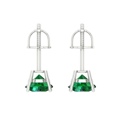 2 ctw Emerald Studs Earrings | 6.5mm Round Cut White Gold Screw back | May Birthstone
