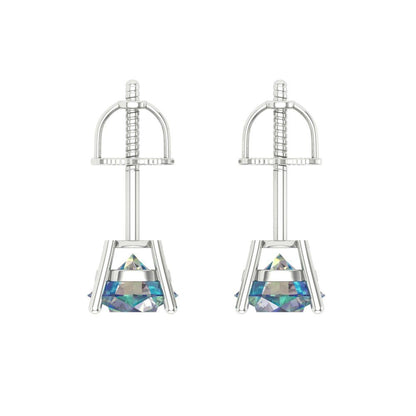 2 ctw Blue Moissanite Studs Earrings | 6.5mm Round Cut White Gold Screw back | April Birthstone