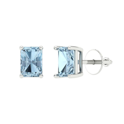 2 ctw Aquamarine Studs Earrings | 7x5mm Emerald Cut White Gold Screw back | March Birthstone