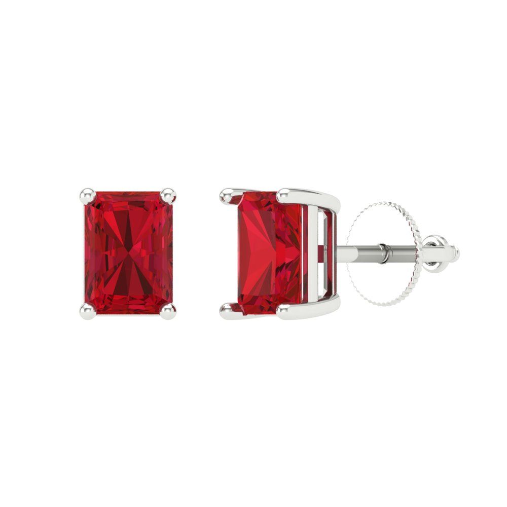 2 ctw Ruby Studs Earrings | 7x5mm Emerald Cut White Gold Screw back | July Birthstone
