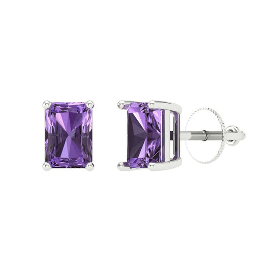 2 ctw Alexandrite Studs Earrings | 7x5mm Emerald Cut White Gold Screw back | June Birthstone