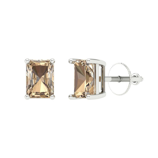 2 ctw Yellow Moissanite Studs Earrings | 7x5mm Emerald Cut White Gold Screw back | April Birthstone