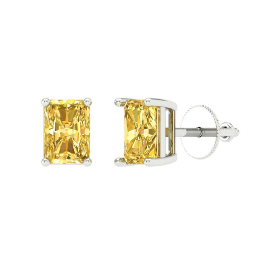 2 ctw Citrine Studs Earrings | 7x5mm Emerald Cut White Gold Screw back | November Birthstone