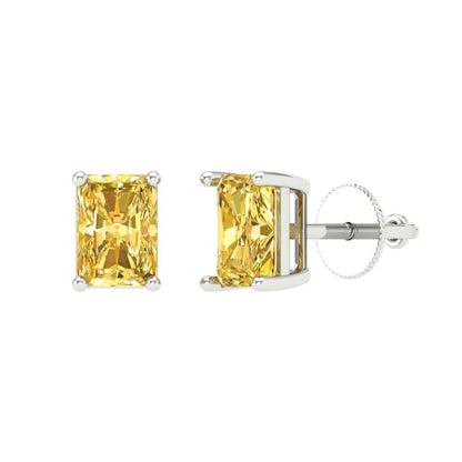 2 ctw Yellow Zirconia Studs Earrings | 7x5mm Emerald Cut White Gold Screw back | April Birthstone