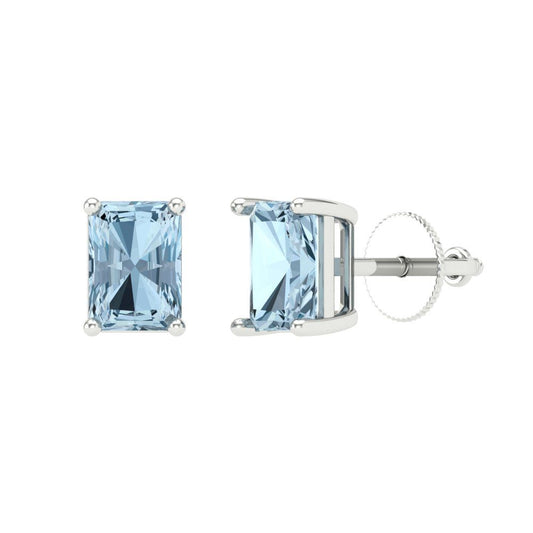 2 ctw Swiss Blue Topaz Studs Earrings | 7x5mm Emerald Cut White Gold Screw back | December Birthstone
