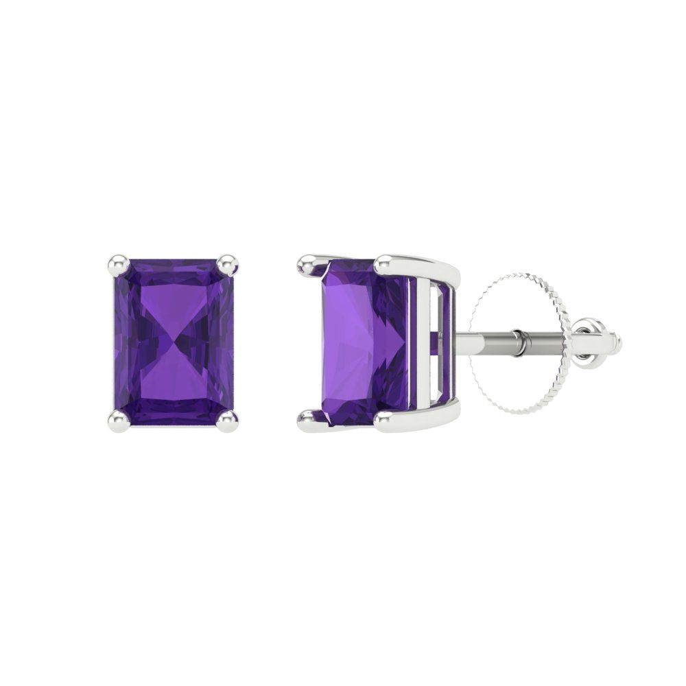 2 ctw Amethyst Studs Earrings | 7x5mm Emerald Cut White Gold Screw back | February Birthstone