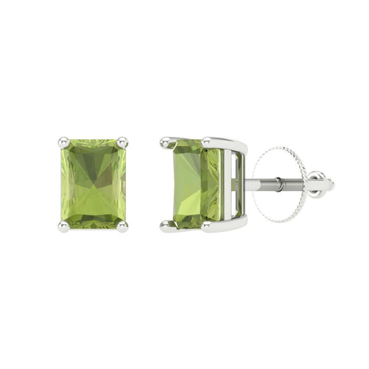 2 ctw Peridot Studs Earrings | 7x5mm Emerald Cut White Gold Screw back | August Birthstone