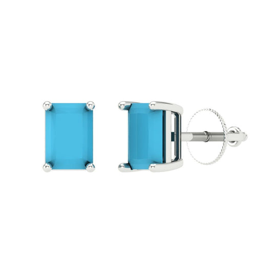 2 ctw Turquoise Studs Earrings | 7x5mm Emerald Cut White Gold Screw back | December Birthstone