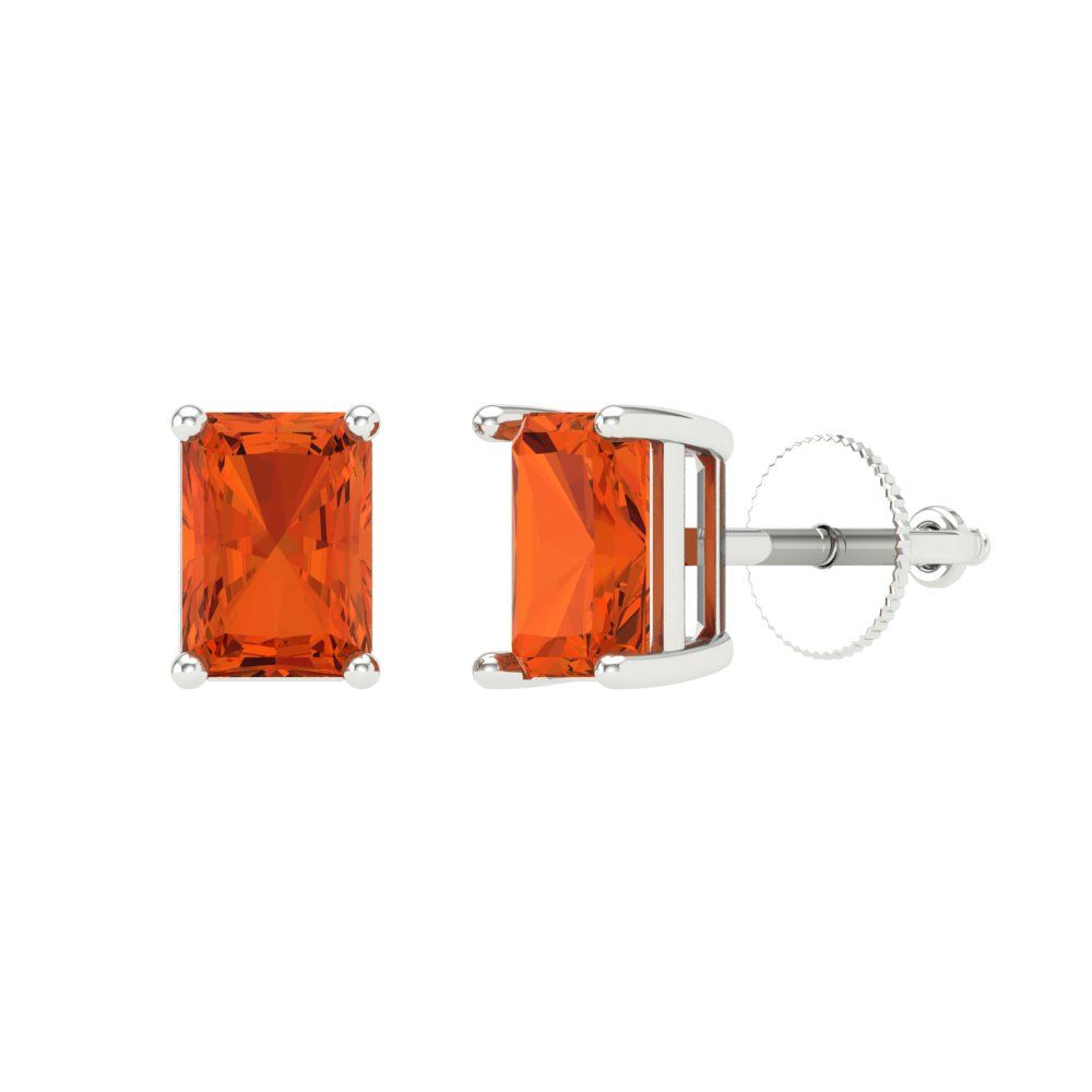 2 ctw Red Zirconia Studs Earrings | 7x5mm Emerald Cut White Gold Screw back | April Birthstone