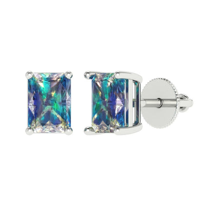 2 ctw Blue Moissanite Studs Earrings | 7x5mm Emerald Cut White Gold Screw back | April Birthstone