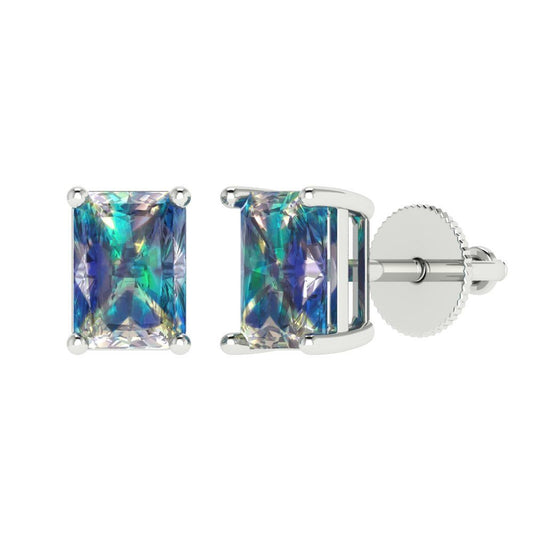 2 ctw Blue Moissanite Studs Earrings | 7x5mm Emerald Cut White Gold Screw back | April Birthstone