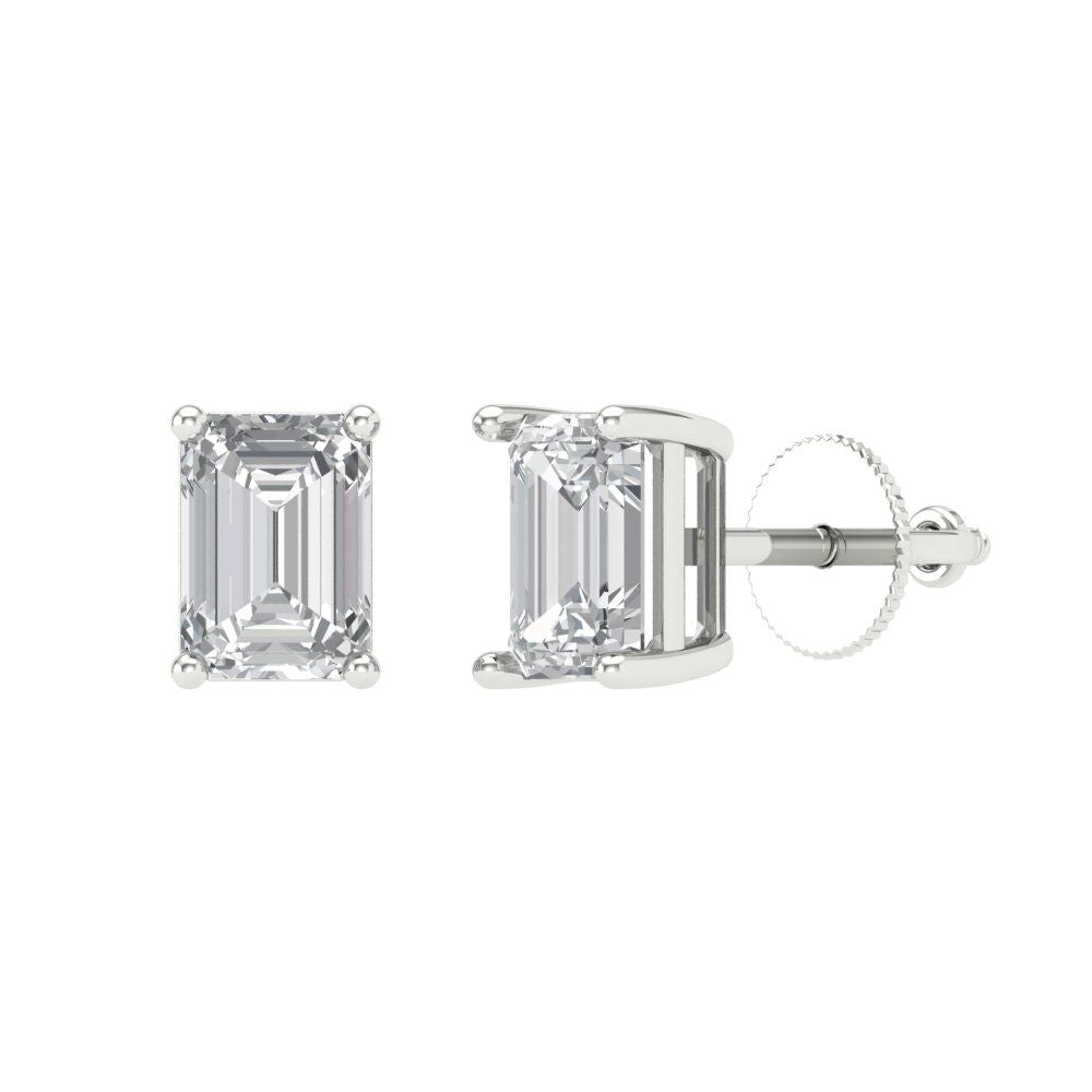 2 ctw Moissanite Studs Earrings | 7x5mm Emerald Cut White Gold Screw back | April Birthstone