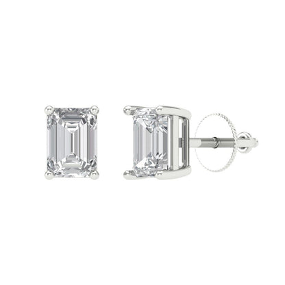 2 ctw Moissanite Studs Earrings | 7x5mm Emerald Cut White Gold Screw back | April Birthstone