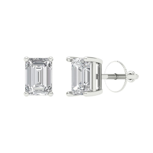 2 ctw Moissanite Studs Earrings | 7x5mm Emerald Cut White Gold Screw back | April Birthstone